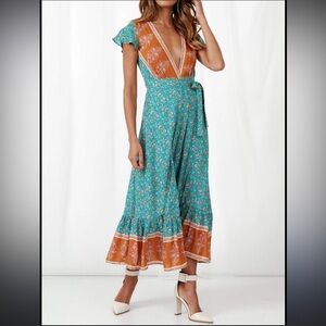 Floral Teal, Pink, and Orange Boho Wrap Dress